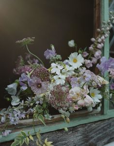 a bunch of flowers that are sitting in a window sill