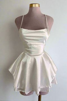 White Straps Lace-Up A-Line Short Party Dress Full shot White Short Quinceanera Dresses, Interesting Hoco Dresses, White Short Hoco Dress, A Line Dresses Short, Creme Hoco Dress, Cute White Birthday Dresses, Satin White Short Dress, Dresses For A Night Out, White Fairy Dress Short