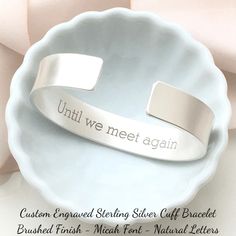 Personalize this handcrafted .925 solid sterling silver custom engraved cuff bracelet with your favorite quote, scripture verse, or encouraging message for a one-of-a-kind, keepsake. Whether given as a gift or created to serve as a "note to self", your heartfelt inscription is sure to bring a smile. Ignite your creativ Adjustable Sterling Silver Bracelet For Anniversary, Sterling Silver Hand-stamped Bracelet, Anniversary Engraved Sterling Silver Name Bracelet, Hand Stamped Silver Bangle, Hand Stamped Silver Bangle Bracelets, Silver Hand Stamped Bangle Bracelets, Inspirational Engraved Text Bracelets For Gifts, Silver Hand Stamped Bangle Jewelry, Adjustable Hand Stamped Sterling Silver Bracelet