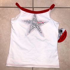 Nwt Capezio Screened Cami Top, White With Black And Red Detailing, Brand New, Size L Kids Casual Red Tops With Star Print, Casual Red Top With Star Print, Casual Red Star Print Tops, Red Star Print Top For Summer, Sleeveless Red Top For Christmas, Red Sleeveless Top For Christmas, Red Sleeveless Christmas Top, Star Top, Cami Top