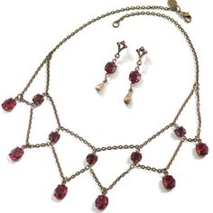 This Delicate Vintage Jewelry Set Comes With A Necklace And Pair Of Earrings, On Burnished Bronze, In Two Beautiful Color Choices. Perfect Dressed Down With Jeans And Your Favorite Top, Or Dress It Up For A Night Out! This Listing Is For The Red Garnet Crystal 16-18" Adjustable Length Victorian Garnet Necklace, Star Sapphire Necklace, Simple Jewelry Set, Garnet Jewelry Set, Red Crystal Necklace, Red Heart Earrings, Edwardian Jewelry, Vintage Jewelry Sets, Garnet Crystal