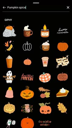 an iphone screen with pumpkins and other items on it, including the words happy pumpkin spice