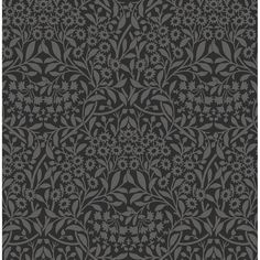 a black and grey wallpaper pattern with flowers on the bottom, and leaves in the middle