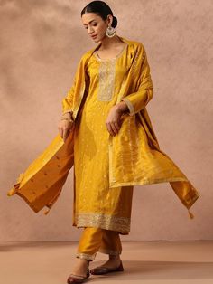 * Yellow Ethnic Motifs Embroidered Sequined Kurta with Trousers & With Dupatta Indian Wedding Wear Salwar Kameez / Silk Party Wear Kurta Set / Indian Ethnic Dress / Cotton Kurta Set / Plus Size Silk Kurta Dress Traditional Indian Wear / Salwar Kameez Dupatta / Kurti Palazzo Set * Yellow embroidered Kurta with Trousers with dupatta * Kurta design:- * Ethnic motifs embroidered * Straight shape * Regular style * Scoop neck, long regular sleeves * Sequined detail * Calf length with straight hem * Silk blend fabric * Trousers design:- * Solid Trousers * Elasticated waistband *Slip-on closure *Fabric:- Top: Silk Blend  Bottom: Silk Blend Dupatta: Silk Blend *Wash Care:- Dry Clean / Hand Wash AVAILABLE IN 7 SIZES THEY ARE IN FOLLOWING MEASUREMENTS IN INCHES:- XXS:- Bust-32/Shoulder-13/Top Length- Embroidered Fitted Palazzo Set In Dola Silk, Festive Chinon Unstitched Suit, Fitted Embroidered Art Silk Palazzo Set, Gold Embroidered Slub Silk Sharara, Traditional Gold Palazzo Set For Festivals, Gold Embroidered Sharara In Slub Silk, Diwali Unstitched Jamawar Suit With Gota Work, Jamawar Sets With Gota Work For Diwali, Festive Jamawar Sets With Gota Work