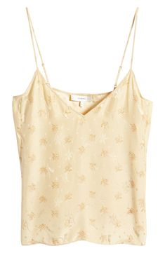 A tonal jacquard of graceful blooms gives this featherweight silk cami an ethereal quality. 14 1/2" center front length (size Medium) Adjustable straps V-neck 100% silk Dry clean Imported Elegant Floral Print Camisole With Spaghetti Straps, Elegant Floral Print Fitted Camisole, Elegant Fitted Floral Print Camisole, Elegant Gold Camisole, Elegant Floral Print Cami Tops, Silk Tank Top With Adjustable Straps For Spring, Elegant Floral Print Spaghetti Strap Tops, Elegant Gold Camisole For Spring, Elegant Gold Tank Top For Summer