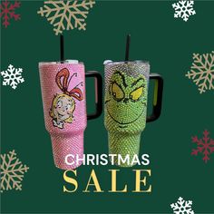 two christmas themed tumblers with the words christmas sale on them