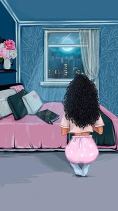 a painting of a woman sitting on a bed in a bedroom with blue walls and pink bedspread