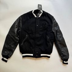 Small ! Brand New! Never Worn With Tag ! In Closet For A While Designer Winter Varsity Jacket For Streetwear, Designer Varsity Jacket For Winter Streetwear, Black Varsity Jacket For Winter, Sporty Black Leather Jacket For Streetwear, Edgy Black Streetwear Outerwear, Designer Black Varsity Jacket For Streetwear, Fitted Black Varsity Jacket For Streetwear, Fitted Leather Jacket For Streetwear, Sporty Black Leather Jacket For Winter