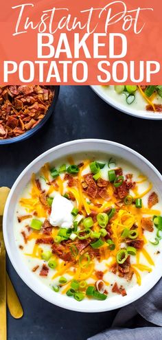 two bowls filled with baked potato soup and topped with sour cream, bacon, green peppers, and cheese