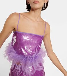 Feather Trimmed Sequined Crop Top in Purple - Giuseppe Di Morabito | Mytheresa Spring Sequined Spaghetti Strap Crop Top, Sequin Spaghetti Strap Crop Top For Night Out, Evening Crop Top With Sequins And Spaghetti Straps, Cropped Dress For Spring Party, Glamorous Sequined Evening Crop Top, Glamorous Evening Crop Top With Contrast Sequin, Party Season Crop Top With Spaghetti Straps, Glamorous Sequin Fabric For Summer Costume Party, Glamorous Sequined Crop Top