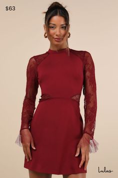 Have a chic moment in the Lulus Bragging Rights Burgundy Lace Long Sleeve Skater Dress! Sleek stretch knit shapes this gorgeous dress that has a mock neckline and sheer lace long sleeves with flounce cuffs. A fitted darted bodice tops a skater-style skirt that ends at a mini hem. Sheer lace panels adorn the sides for a sexy finishing touch! Hidden back zipper/clasp. Fit: This garment fits true to size. Length: Mid-thigh. Size medium measures 26.5" from shoulder to hem. Bust: Great for any cup size. Waist: Fitted - stretchy fabric allows custom fit. Hip: Loosely Fitted. Undergarments: May be worn with a strapless bra, adhesive bra, petals, or no bra. Fabric: Fabric is very stretchy. Unlined. Shell: 67% Rayon, 29% Nylon, 4% Spandex. Contrast 1: 100% Nylon. Contrast 2: 100% Polyester. Hand Wa Long Sleeve Bodycon Lace Dress For Party, Bodycon Long Sleeve Lace Dress For Party, Fitted Bodycon Dress With Lace Sleeves For Party, Elegant Stretch Mini Lace Dress, Fitted Lace Sleeve Bodycon Dress For Night Out, Elegant Bodycon Dress With Lace Sleeves For Night Out, Fitted Bodycon Dress With Lace Sleeves For Night Out, Evening Bodycon Lace Dress With Lace Sleeves, Evening Bodycon Dress With Lace Sleeves