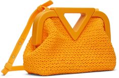 Rubber crochet top handle bag in orange. · Fixed carry handle · Adjustable and detachable shoulder strap · Magnetic closure · H5.5 x W8.5 x D3.5 in Supplier color: Tangerine Orange Top Handle Shoulder Bag With Dust Bag, Designer Orange Top Handle Shoulder Bag, Orange Top Handle Bag With Handle Drop, Modern Crochet Top Handle Bag, Orange Top Handle Shoulder Bag With Detachable Handle, Handle Bag, Magnetic Closure, Bottega Veneta, Top Handle