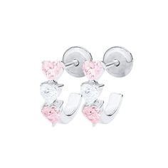 These darling pink and white cubic zirconia children's hoop earrings in sterling silver will give your little one something to smile about. Hypoallergenic Pink Sterling Silver Heart Earrings, Hypoallergenic Pink Heart Earrings In Sterling Silver, Pink Cubic Zirconia Hoop Earrings, Pink Cubic Zirconia Hoop Jewelry, Pink Nickel-free Huggie Jewelry, Small Pink Hoop Earrings For Anniversary, Pink Sterling Silver Heart Earrings Nickel Free, Pink Cubic Zirconia Huggie Earrings, Pink Sterling Silver Huggie Earrings