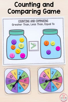 counting and comparing game for kids to practice counting with buttons on the front, two jars in