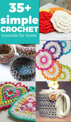 crochet coffee mug cozyies with text overlay that reads 35 + simple crochet projects for home