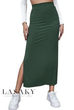 Lasaky - Exquisitely Crafted Monochrome Bodycon Pencil Skirt with Sultry Slit Korean Fashion Elegant, Skirts For Summer, Beach Maxi Skirt, Skirt Korean, Bodycon Pencil Skirt, High Waisted Maxi Skirt, Wrap Around Skirt, Split Skirt, Skirt Maxi