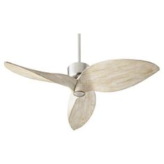 a white ceiling fan with wooden blades