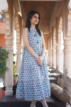 Sleeveless Anarkali Maxi Dress For Summer, Cotton Anarkali Floor-length Dress, Summer Anarkali Sleeveless Maxi Dress, Maxi Dress With Printed Motifs For Vacation, Summer Sleeveless Anarkali Maxi Dress, Bohemian Multicolor Kalamkari Maxi Dress, Multicolor Printed Maxi Dress, Multicolor Printed Motifs Maxi Dress, Bohemian Maxi Dress With Block Print