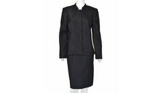 "Beautiful 1990s vintage cocktail suit from Mary McFadden is constructed in channel quilted (or trapunto) black silk, one of McFadden's signature fabric treatments. The jacket's mandarin collar, lapel, hemline, and cuffs are finished in a wider channel than the jacket shell and skirt. The jacket has small shoulder pads and closes with five self-fabric covered buttons and several hidden snaps. The skirt has waist darts, a long walking vent on the right side, and a side zipper. Both pieces are labeled size 8. Modern sizing charts indicate that the suit is a modern size 6-8, the skirt measuring slightly smaller than the jacket. Please refer to the measurements for the best guidance regarding size and compare with similar garments that fit you. JACKET MEASUREMENTS - Shoulder width is 16\" - Ch Cocktail Suit, Mary Mcfadden, Womens Suits, Beaded Cardigan, Vintage Cocktail, Fabric Covered Button, Mandarin Collar, Black Silk, Covered Buttons