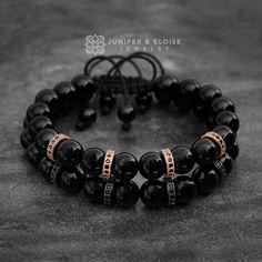 "This listing is for set of 2 Handmade Couple Bracelets. ★`His` bracelet is made with 8mm black Onyx beads and features Black spacer beads embellished black Zircon stones. Men`s Size : 7\" - 8.5\" (18 cm -21 cm) ★`Her` bracelet is made with 8mm black Onyx beads and features Rose Gold spacer beads embellished black Zircon stones. Women`s Size: 6\" - 7.5\" (16 cm -19 cm) Bracelets are adjustable, utilizing a sliding knot made with macrame cord and is easy to put on and take off by yourself. All of Spiritual Black Jewelry For Promise, Luxury Black Bracelets For Wedding, Black Beaded Bracelet Gift, Adjustable Black Bracelet For Promise, Black Bracelets With 8mm Beads For Gift, Black 8mm Beads Bracelets As Gifts, Adjustable Black Promise Bracelet, Black Adjustable Promise Bracelet, Black Round Beads Wristband As Gift