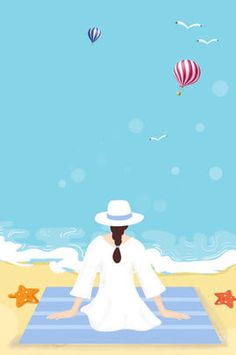 a woman sitting on top of a blue blanket in front of an ocean and hot air balloon