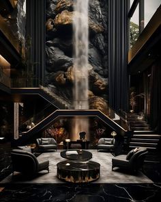 a living room filled with furniture and a waterfall in the middle of it's walls