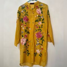 This Is A Yellow Kurta With Multicolored Flowered Embroidered. It Comes With A Matching Colorful Scarf. The Scarf Is New With Tags. All Orders Ship 1-3 Business Days New/Clean Condition/No Holes/No Stains/No Pilling/No Fade Smoke Free And Pet Free Home! Any Questions? Leave Them Below! Festive Yellow Kurta With Floral Print, Yellow Floral Print Kurta For Festive Occasions, Yellow Kurta With Floral Embroidery And Long Sleeves, Yellow Resham Embroidered Kurta For Summer, Yellow Resham Embroidery Kurta For Summer, Yellow Long Sleeve Kurta With Floral Embroidery, Yellow Summer Kurta For Festive Occasions, Long Sleeve Yellow Kurta For Summer, Yellow Long Sleeve Summer Kurta