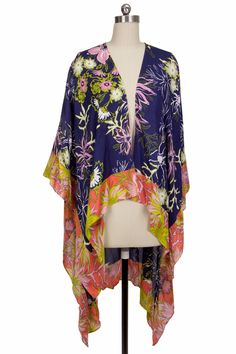 With its printed pattern, this Electric Summer Kimono will allow your style to take center stage. This is an excellent choice for days when you want to wear something warm and stylish. The open-front style with umbrella sleeves is both stylish and comfortable. This stylish kimono is made of high-quality fabric and looks great with boots and a stylish handbag. Material: 100% Rayon 2Ply Size: 52" x 68" One Size Multicolor Floral Print Kimono, Multicolor Floral Print Kimono One Size, Multicolor Abstract Print Kimono For Beach, Vibrant Spring Kimono With Vibrant Print, Spring Shawl Kimono With Floral Print, Floral Print Shawl Kimono For Spring, Spring Floral Print Shawl Kimono, Colorful Pattern Kimono For Spring Beach, Multicolor Shawl Kimono For Spring