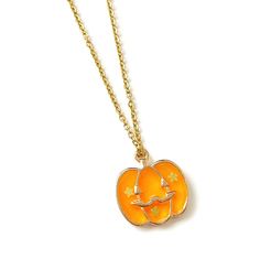 Embrace the spirit of Fall with this cute dainty Orange Pumpkin Necklace, perfect for celebrating the season's warmth and charm. This necklace boasts a delightful pumpkin charm suspended from an elegant 18k gold-plated chain, offering both style and durability. Whether you're looking for a festive accessory or a thoughtful gift, this necklace is the ideal choice. Happy Fall, y'all! 🎃🍂 Details: - Necklace Length: 18 inches, complete with a 2-inch extender for a customized fit - Necklace Materia Orange Necklace For Halloween Gift, Halloween Gift Necklace With Lobster Clasp, Nickel-free Gold Necklace For Halloween, Halloween Themed Pendant Necklace With Charms, Orange Parfait, Fall Necklace, Pumpkin Necklace, Autumn Jewelry, Autumn Necklace