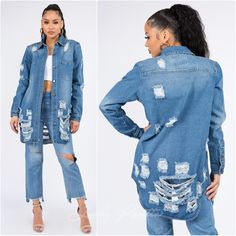 Add A Layer Of Style To Your Wardrobe With This Distressed Button-Down Denim Shirt Jacket. Its Distressed Finish And Classic Button-Down Silhouette Make It An Essential Piece That Can Be Worn As A Shirt Or Light Jacket. Ideal For Casual Days Out Or Laid-Back Evenings, This Denim Jacket Combines Comfort And Trend-Setting Design. Material: 100% Cotton This Item Size Conversion Chart: Sizes Are In Letters. S - 2/4 M - 6 L - 8/10 Shop With Us: Fall Trendy Trending Athleisure Modest Party Attire Neck Ripped Denim Blue Button-up Denim Jacket, Ripped Denim Blue Button-up Jacket, Light Wash Ripped Button-up Denim Jacket, Ripped Medium Wash Button-up Outerwear, Ripped Light Wash Button-up Denim Jacket, Ripped Light Wash Button-up Outerwear, Medium Wash Ripped Button-up Outerwear, Denim Blue Button-up Jacket With Frayed Hem, Distressed Button-up Denim Jacket