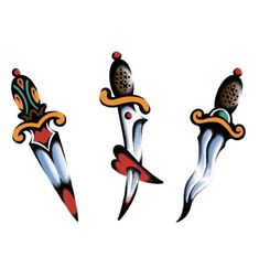 three different types of knifes with decorative designs on the handles, and one is painted in