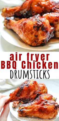 air fryer bbq chicken drumsticks on a white plate with text overlay