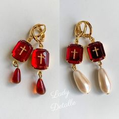 "Red CROSS Earrings, Red Vintage glass stone, 16K Gold Loops, Reproduction historic Ruby Red Cross earrings Measurements: Earrings measure about 1 7/8\" long Red vintage glass stones This listing is for a pair beautiful, ruby red vintage glass CROSS stones set in brass setting, with vintage red glass tiny teardrops or vintage faux pearl teardrops (your choice), and mounted on 16K gold plate brass, period appropriate loops. I love the beautiful glinting ruby red, gold cross design - it makes me t Vintage Red Teardrop Jewelry, Red Clip-on Dangle Jewelry, Handmade Red Ruby Earrings, Vintage Red Drop Clip-on Earrings, Red Victorian Earrings As Gift, Victorian Red Earrings As Gift, Red Vintage Style Drop Clip-on Earrings, Antique Red Drop Earrings, Antique Red Jewelry With Matching Earrings