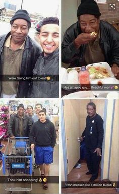 several pictures of people eating and shopping in the same area, one man is smiling at the camera