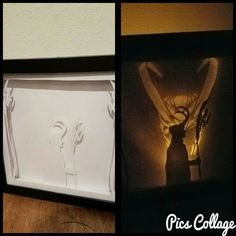 three different pictures with the same light in them, and one has an image of a woman's head on it