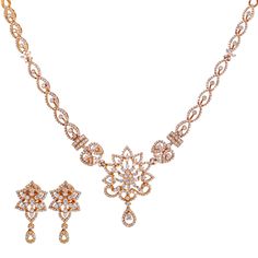 Adorn your neck and wrist with the fine diamonds and gleaming gold. This beautiful 18k rose gold and diamond jewelry set has a dazzling ladylike design that is simply breathtaking. Features• 18K Rose Gold• DiamondVirani Jewelers diamond jewelry is meant to make you radiant with elegant beauty. Each piece of diamond jewelry we carry is GIA certified. Find the perfect diamond jewelry for yourself or someone special on our website. Specifications• Minimum Earring Width - 1 millimeter• Maximum Earri Dazzling Rose Gold Diamond Necklace, Fine Jewelry Bridal Necklace In Rose Gold And Diamond, Fine Jewelry Rose Gold Diamond Bridal Necklace, Fine Jewelry Bridal Necklace In Rose Gold With Diamonds, Rose Gold Diamond Bridal Necklace, Elegant Rose Gold Jewelry Sets With Diamond Accents, Luxury Rose Gold Diamond Bridal Necklace, Rose Gold Diamond Jewelry Sets For Anniversary, Elegant Rose Gold Diamond Jewelry Sets