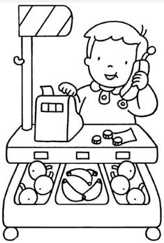 a coloring page with a boy cooking food in the oven and talking on the phone