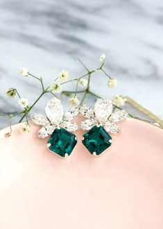 Emerald Earrings Emerald Green Crystal Earrings Bridal | Etsy Green Cluster Earrings For Wedding, Green Dangle Clip-on Earrings For Wedding, Green Emerald Bridal Earrings As Gift, Green Drop Earrings For Bridal Gift, Green Cluster Earrings As A Gift, Green Cluster Earrings Gift, Dark Green Crystal, Princess Cut Earrings, Emerald Green Crystal