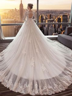 A-line Cathedral Train Royal Lace Wedding Dresses with 3/4 Sleeves SWD0044-SheerGirl Cheap Bridal Dresses, Popular Wedding Dresses, Lace Applique Wedding Dress, Dresses Tulle, Cathedral Train, As Pictures, Applique Wedding Dress, Lace Wedding Dresses, Luxury Wedding Dress