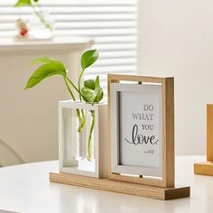 a white vase with a green plant in it next to a wooden frame that says do what you love