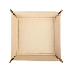 a white square tray with stitching on the edges and two metal handles, sitting in front of a white background