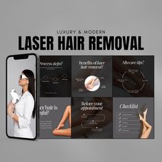 100 Instagram Templates to Showcase Your Product and Engage with Your Audience Sleek, Laser hair removal templates that will help make your brand more concise and recognizable. This set is ideal Laser Technician, Beauty Salon and any product related business.  Promote your business and drive traffic to your profile! 🌟 WHAT'S INSIDE? ⋆ 50 instagram post templates (1080 x 1080 px) ⋆ 50 matching stories templates (1920 x 1080 px) (You'll get a PDF file with the direct links to the templates) DISCL Laser Hair Removal Instagram Post, Laser Hair Removal Marketing, Laser Technician, Esthetician Posts, Ipl Laser, Hair Removal Machine, Beauty Center, Beauty Business, Instagrammer