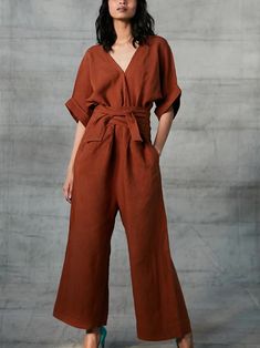 Gender: Women Decoration: Pure Color Material: Linen Occasion: Daily Style: Casual Theme: Spring, Summer, Fall,Winter Color: As PicturePlease Note:  All Dimensions Are Measured Manually With A Deviation Of 1 To 3cm. Linen Overall, All Work And No Play, Jumpsuit Long, Wrap Jumpsuit, Long Linen Dress, Linen Romper, Linen Jumpsuit, Long Jumpsuits, Casual Jumpsuit