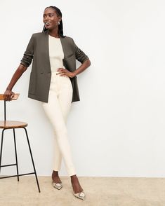 Janette Blazer - Light Ponte :: Ash – M.M.LaFleur Spring Blazer With Structured Shoulders And Fitted Cut, Spring Fitted Blazer With Structured Shoulders, Chic Business Casual Pantsuit For Fall, Modern Structured Blazer For Spring, Spring Blazer With Structured Shoulders And Notch Lapel, Chic Tailored Blazer For Work, Sleek Fall Business Casual Pantsuit, Spring Blazer With Structured Shoulders And Tailored Fit, Modern Tailored Spring Pantsuit