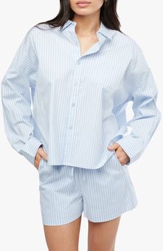 Expand your versatile basics with this long-sleeve button-up shirt crafted from striped cotton fabric enhanced with comfortable stretch. Front button closure Point collar Long sleeves with adjustable button cuffs Chest patch pocket 97% cotton, 3% spandex Hand wash, line dry Imported Striped Button-up Tops For Loungewear, Striped Cotton Shirt For Loungewear, Striped Relaxed Fit Shirt For Loungewear, Spring Striped Shirt For Loungewear, Spring Striped Loungewear Shirt, Striped Shirt For Spring Loungewear, Striped Long Sleeve Shirt For Daywear, Striped Long Sleeve Top For Daywear, Long Sleeve Tops With Striped Collar For Loungewear