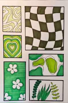 some green and white art work with hearts, flowers, leaves and checkered paper