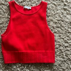 Never Worn. Perfect Condition Red Fitted Crew Neck Crop Top, Red Sleeveless Winter Tops, Trendy Red Stretch Knit Top, Chic Red Stretch Knit Top, Fitted Red Knit Top For Spring, Red Cropped Tops For Winter, Casual Red Crop Top For Fall, Trendy Red Crop Top For Winter, Trendy Red Winter Crop Top