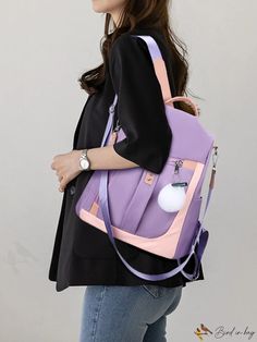 BirdinBag - Colorblock Functional Backpack with Pom Pom Decoration Purple Rectangular Backpack For Students, Purple Shoulder Backpack For Daily Use, Purple Shoulder Bag For Daily Use, Back To School, Purple Rectangular Backpack For Daily Use, Purple Large Capacity Backpack Shoulder Bag, Large Capacity Purple Rectangular Backpack, Trendy Purple Shoulder Backpack, Color Block Satchel Shoulder Bag For Travel, Multifunctional Purple School Bag