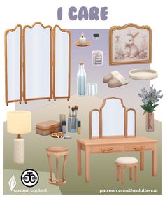 an image of a room with furniture and decor on the wall, including mirror, stools, table, lamp, vase and other items