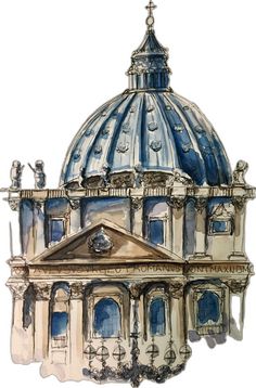 a watercolor drawing of a building with a dome